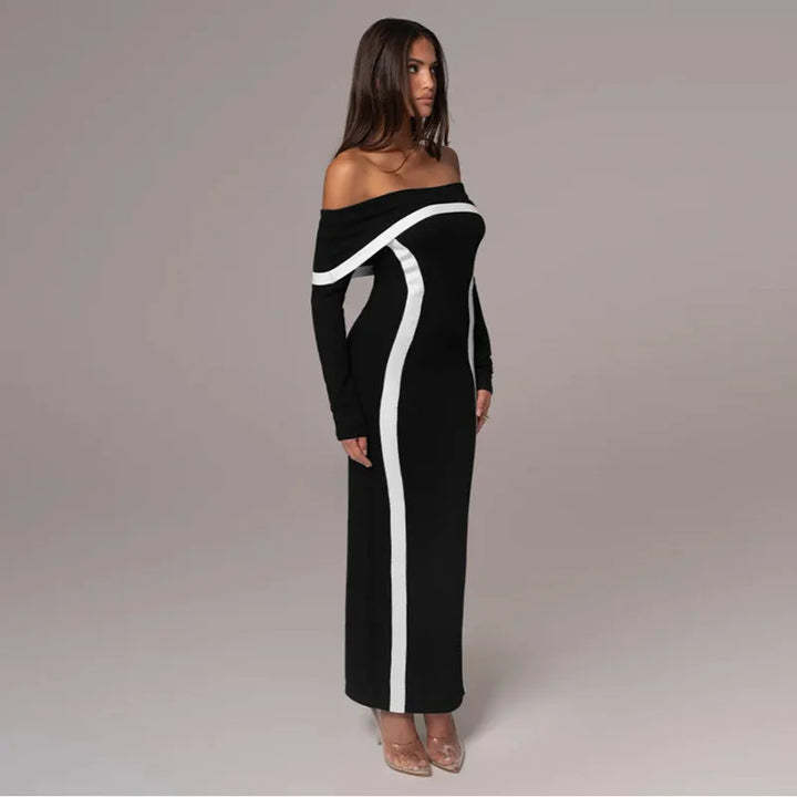 Off-shoulder maxi dress with contour line decoration - Katie