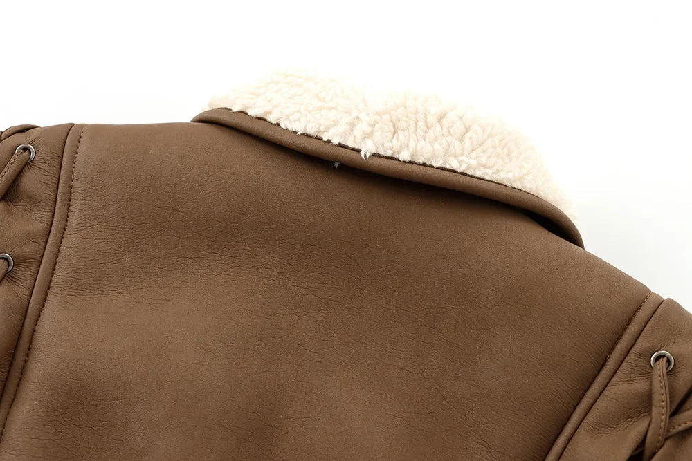 Leather coat with inner fur and belt tie design - Moran