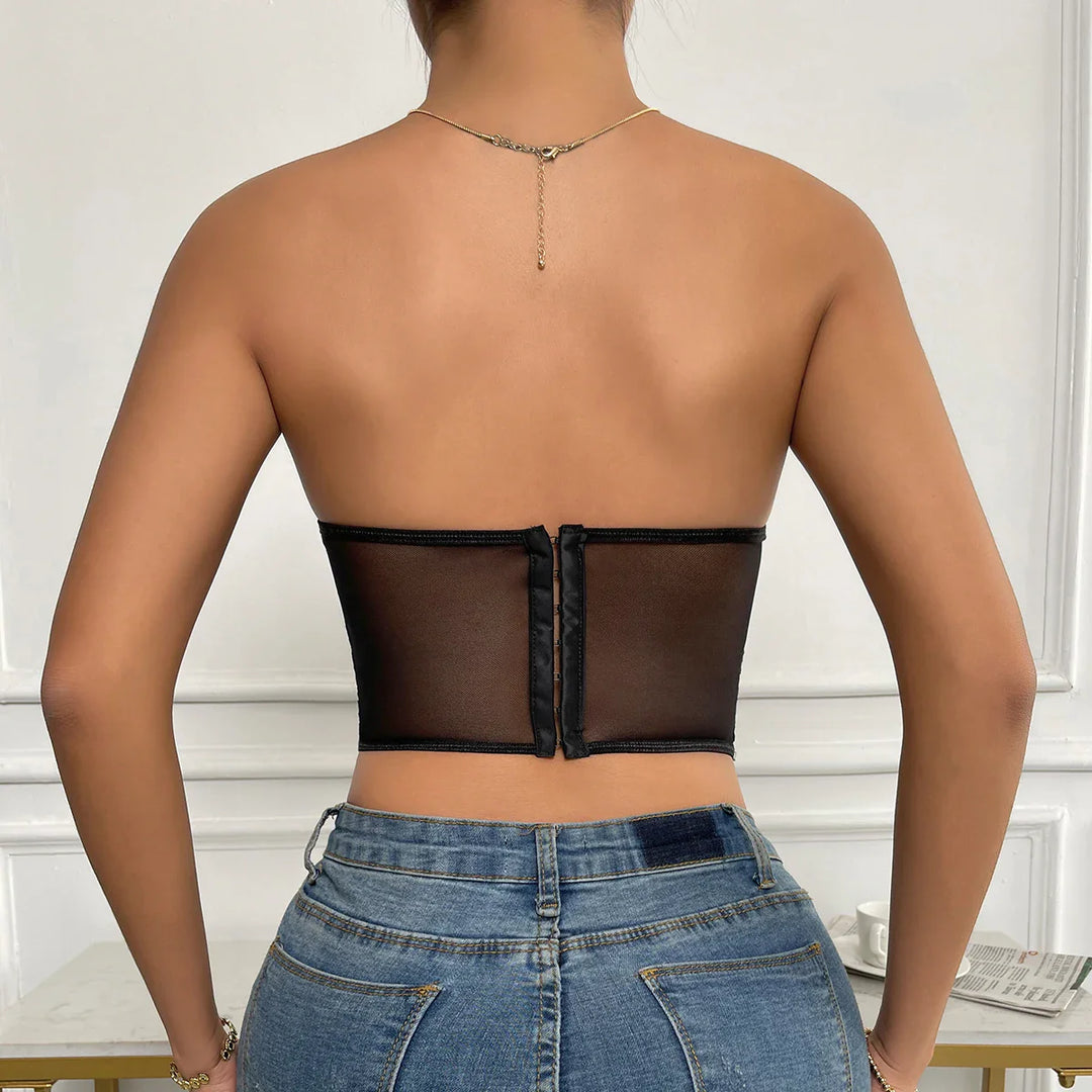 Strapless Mesh Top with Floral Embroidery - Noya Lee
