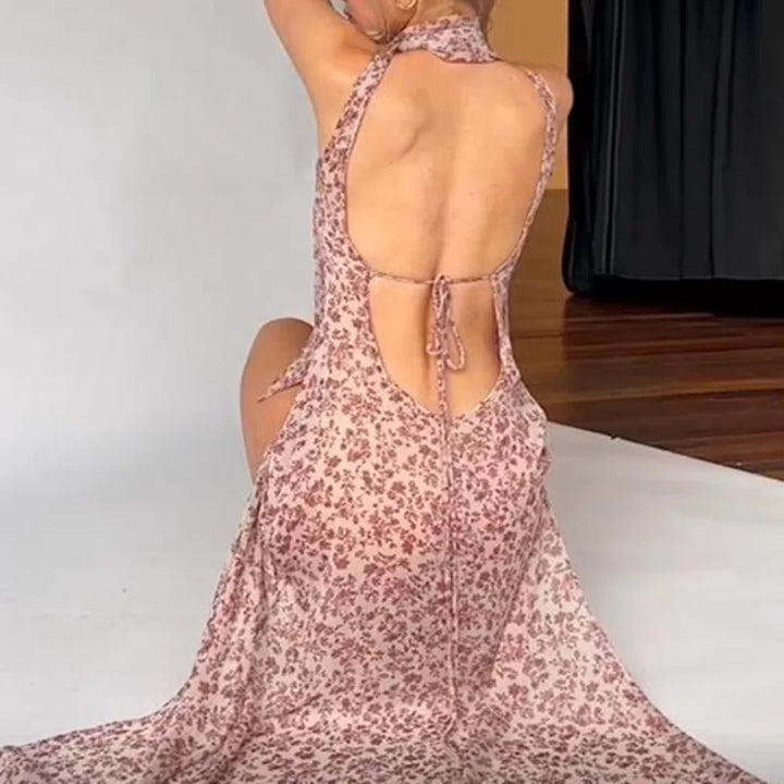 Floral Maxi Dress with Open Back, Slit, and Scarf - Elay