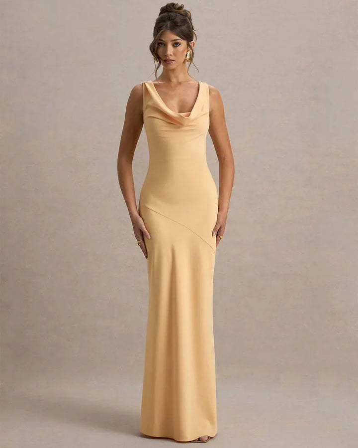 Maxi satin dress with draped collar and open back - Alexis