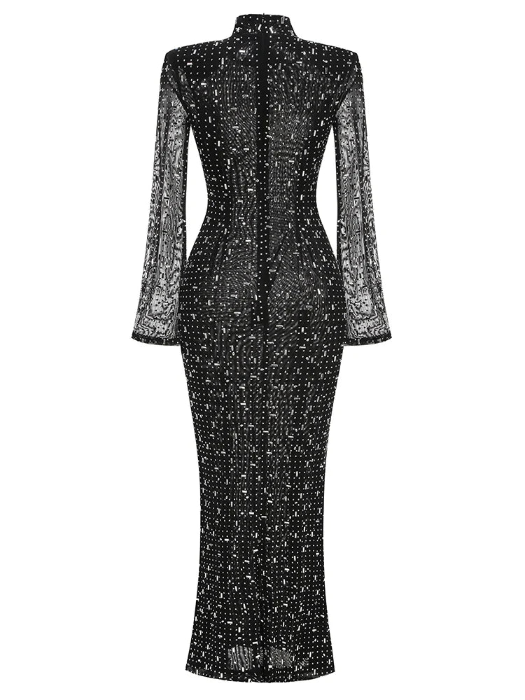 Luxurious Evening Maxi Dress with Sparkling Diamond Embellishment and Turtleneck Collar - Emerson