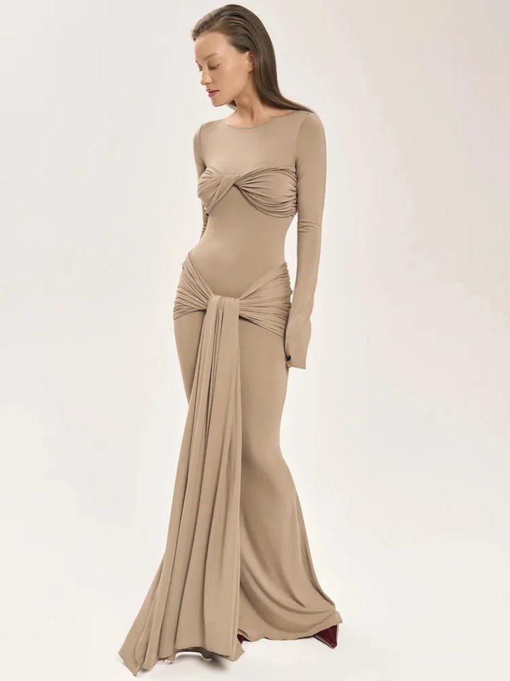 Modest Maxi Dress with Ruching and Tie Detail - Nahev