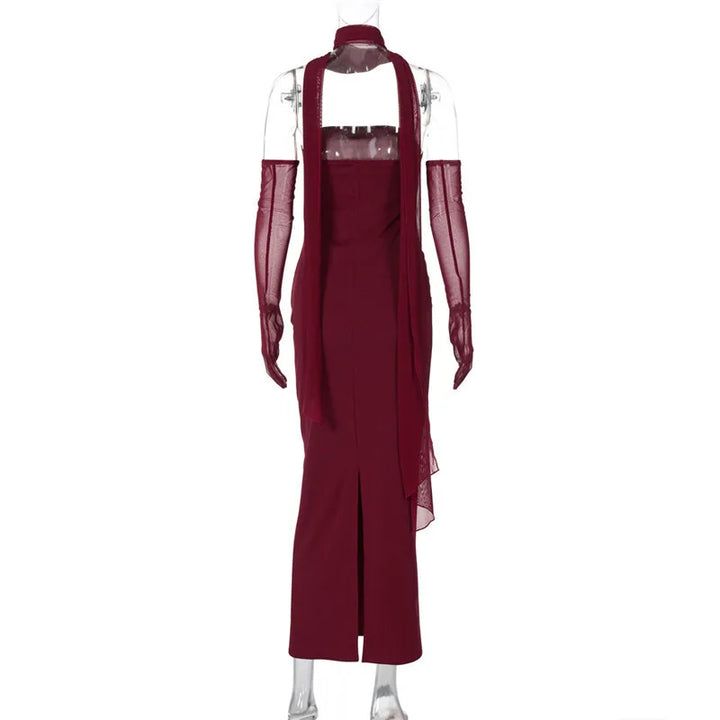Maxi strapless dress with glove and chiffon scarf decoration - Annabel