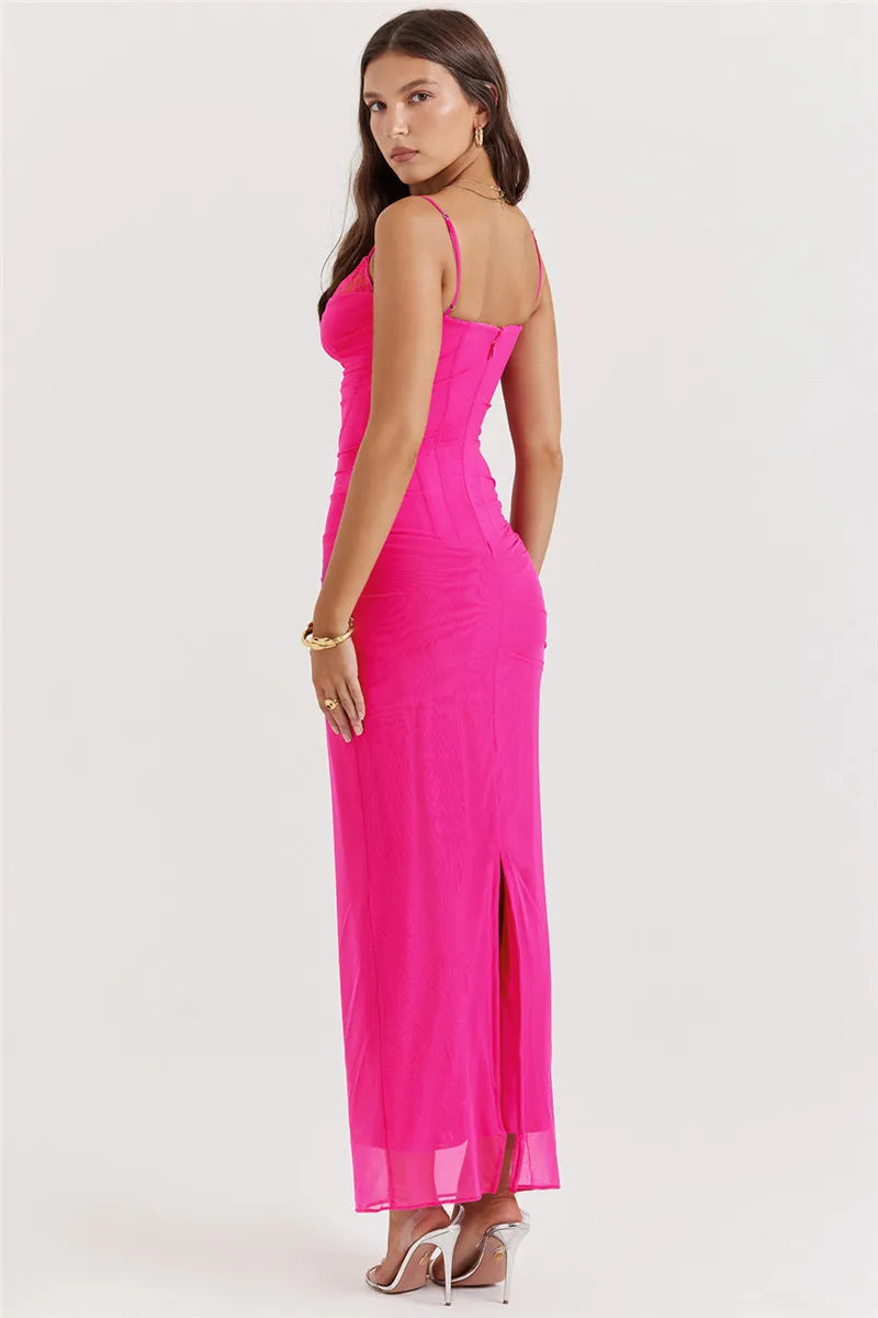 Fitted Maxi Chiffon Dress with Lace Details - Rosalia
