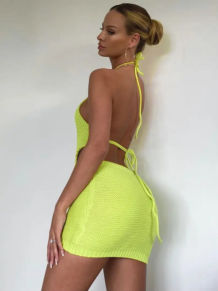 Knitted Beach Mini Dress with Open Back - Yialo