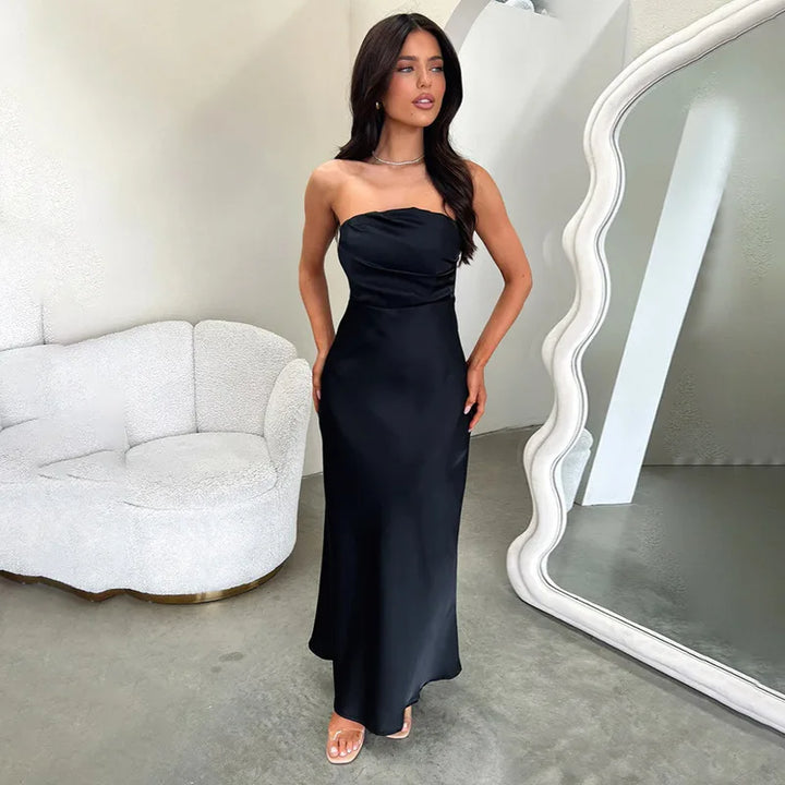 Maxi Strapless Satin Dress with Pleated Design - Rosa