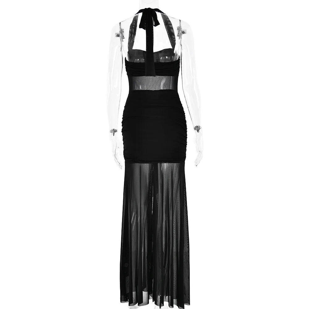 Maxi Chiffon Dress with Ruching Detail and Neck Tie Ruffle - Shelly
