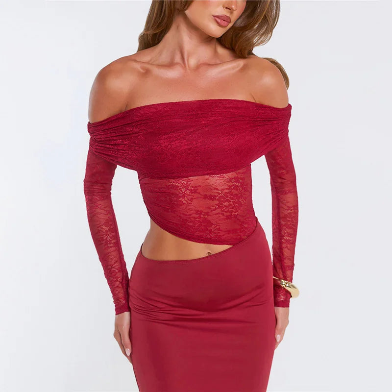 Maxi off-shoulder dress with lace and neckline design - LOLA