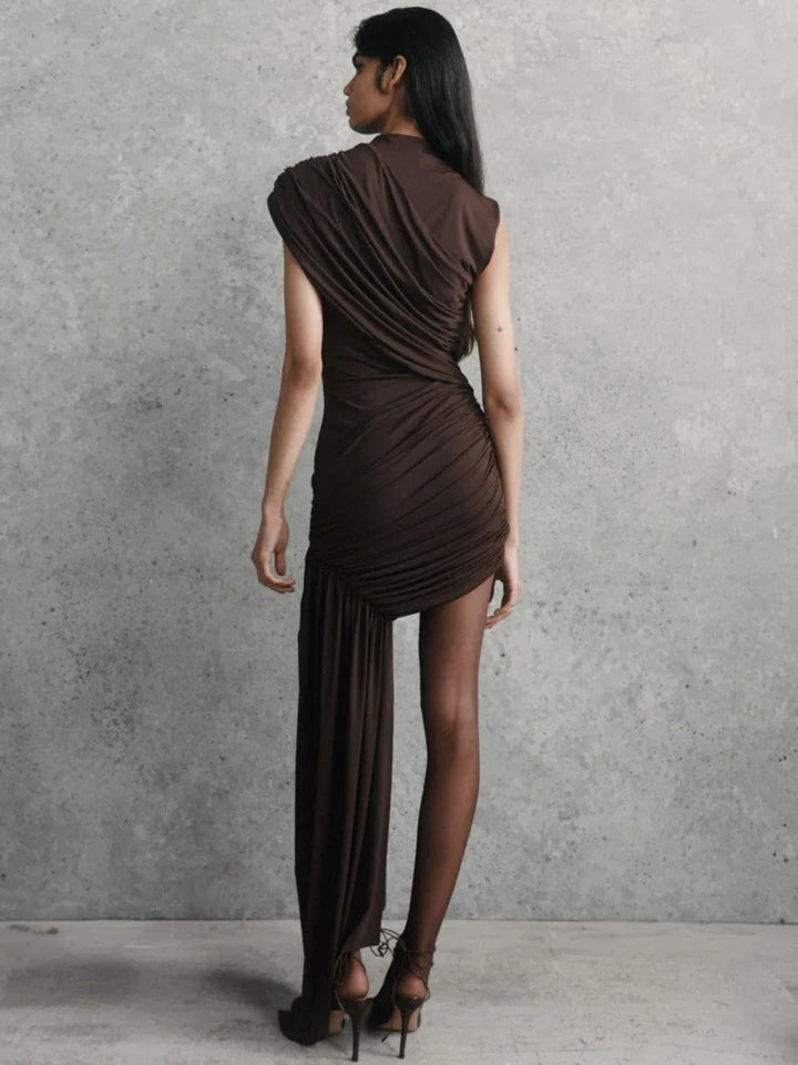 Mini dress with ruching and asymmetrical design decorated with a train - Jay