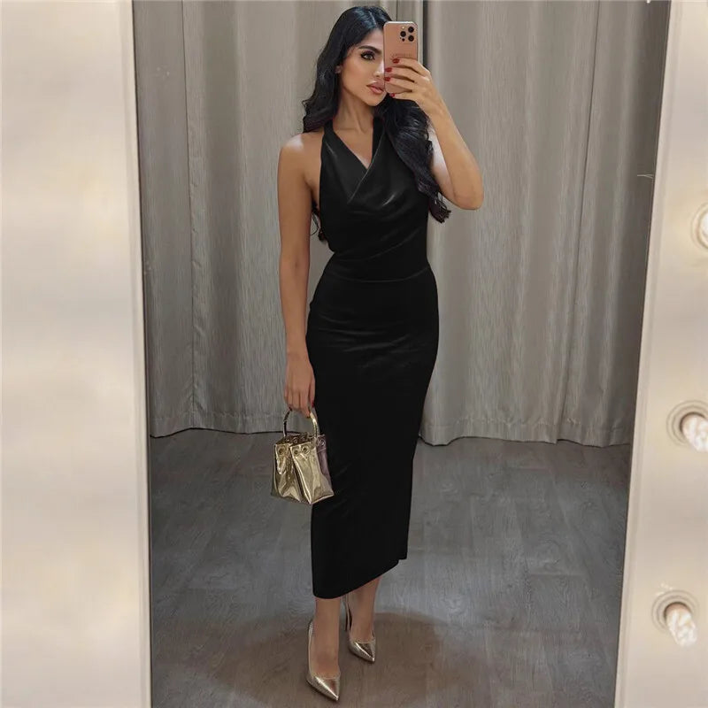 Maxi Velvet Dress with Dropped Collar and Open Back - Marla