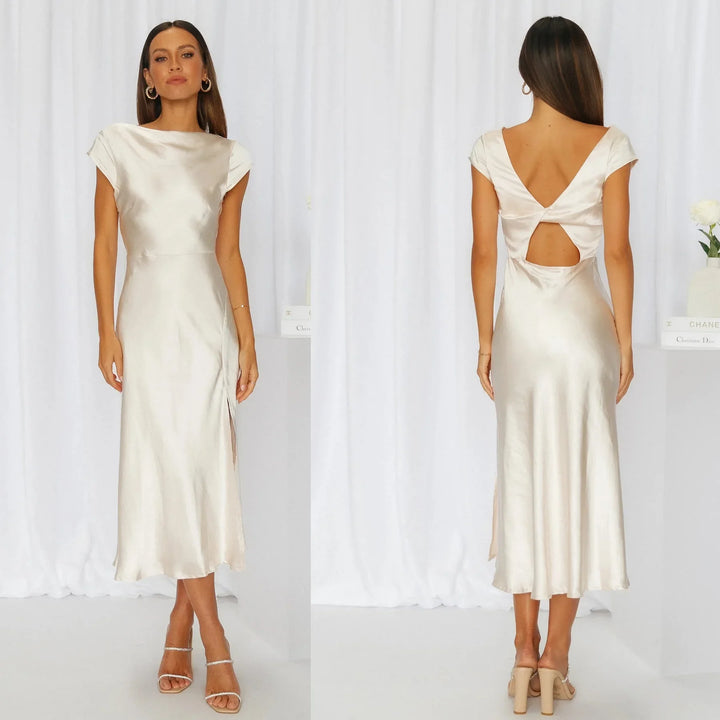 Midi satin dress with slit and open back design - Shray