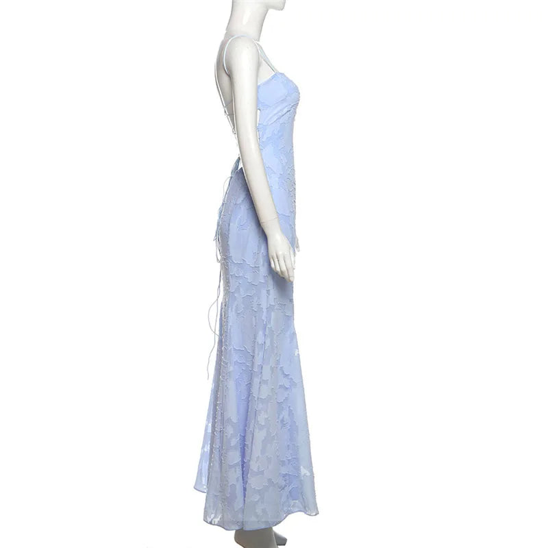 Maxi Chiffon Dress with Leaf Embroidery, Back Tie for Waist Fit - Mona Liz