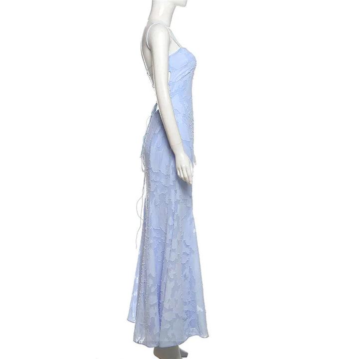 Maxi Chiffon Dress with Leaf Embroidery, Back Tie for Waist Fit - Mona Liz