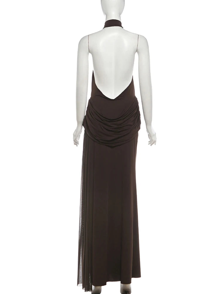 Maxi Dress with Collar, Open Back, Pleats, and Slit - Bianca