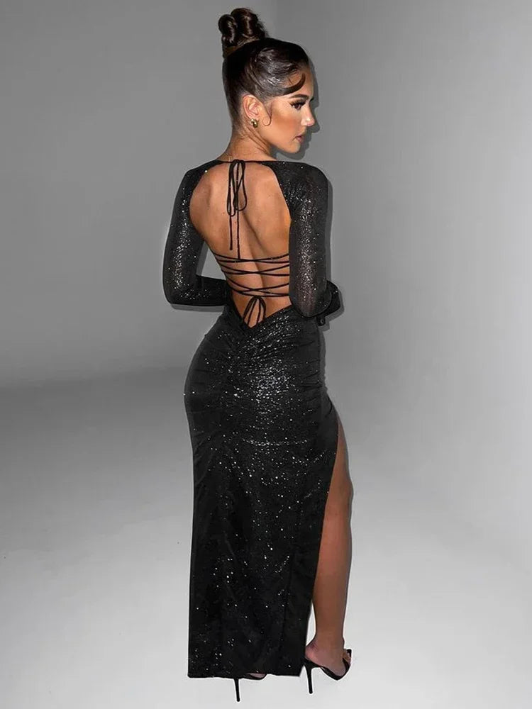 Sequin Maxi Dress with Slit and Open Back Tie Detail - Leila