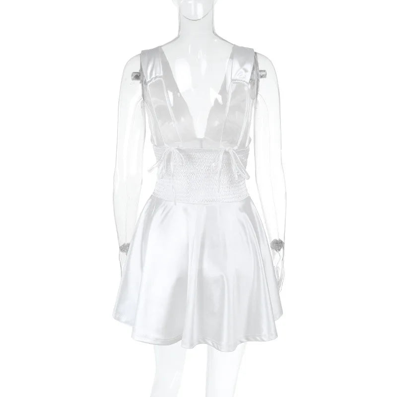 Satin mini dress with ruching and tie design on the straps - Celia