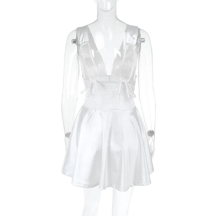 Satin mini dress with ruching and tie design on the straps - Celia