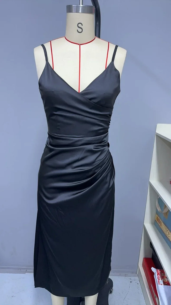 Elegant Maxi Satin Dress with Slit Detail - Reina