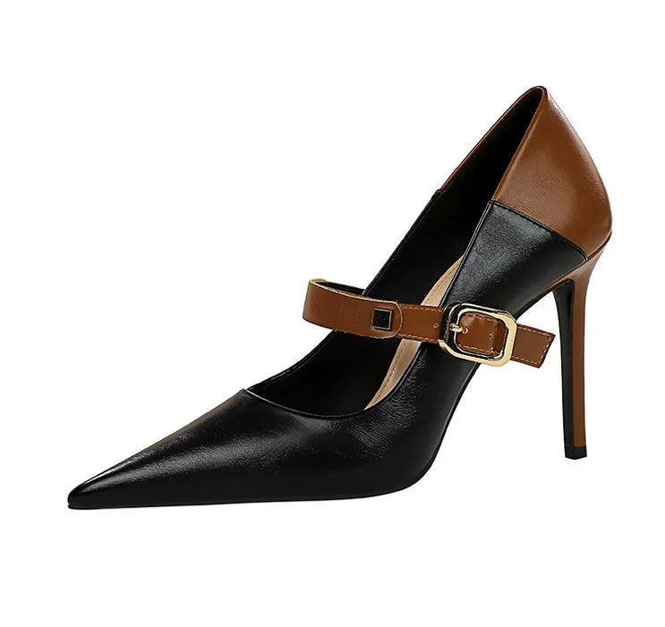 Faux Leather Pointed Heel Shoes with Buckle Decoration - Margaret