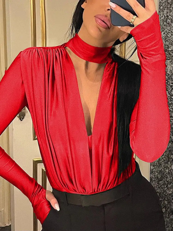 Bodysuit Top with Turtleneck and Deep Neckline - Minka
