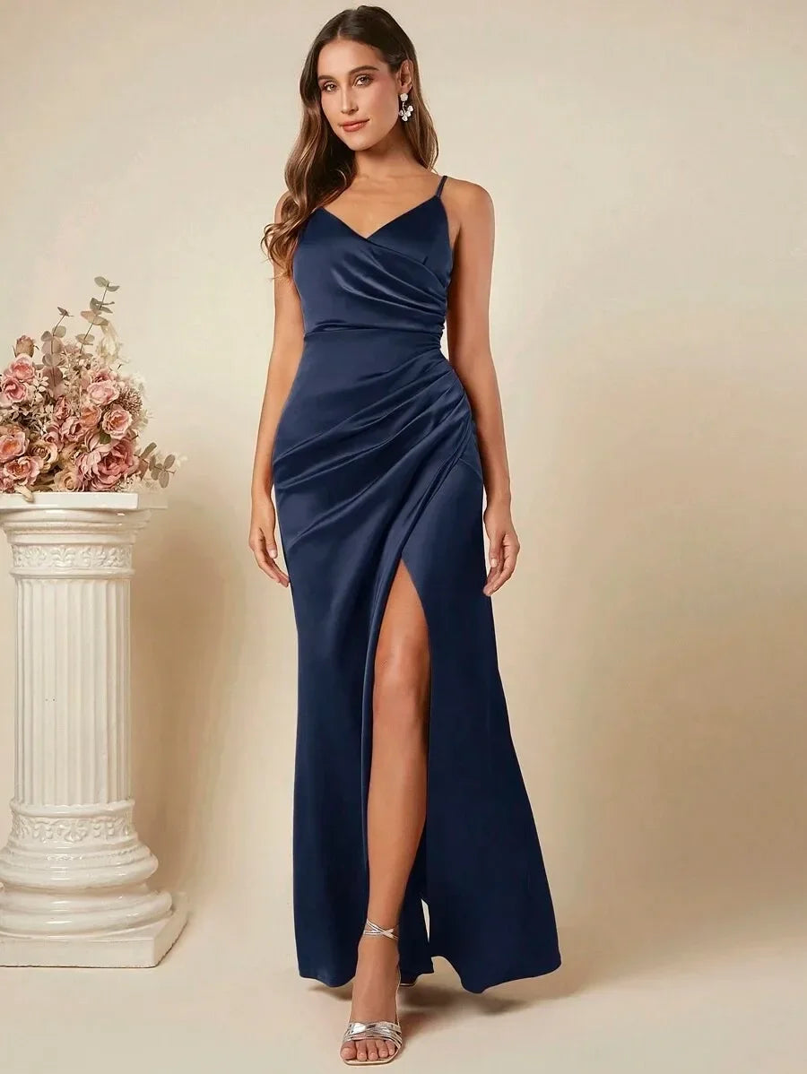Elegant Maxi Satin Dress with Slit Detail - Reina