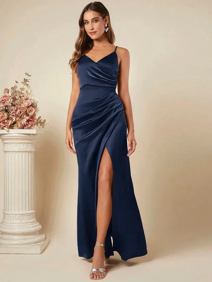 Elegant Maxi Satin Dress with Slit Detail - Reina