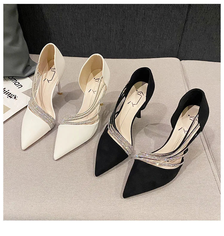 Suede Fabric Pointed Heel Shoes with Sparkling Sequin Design - Alior