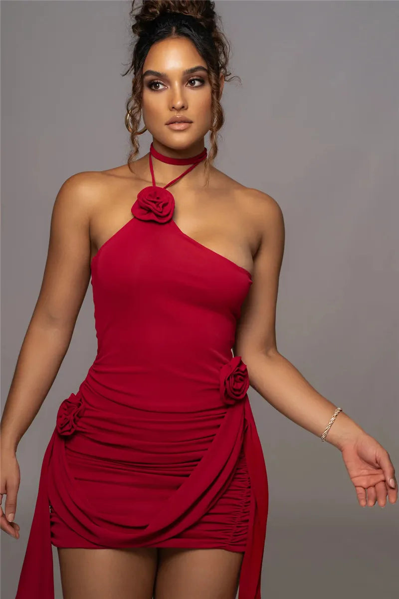 Ruched mini dress with neck tie and floral appliqué - Jasmina