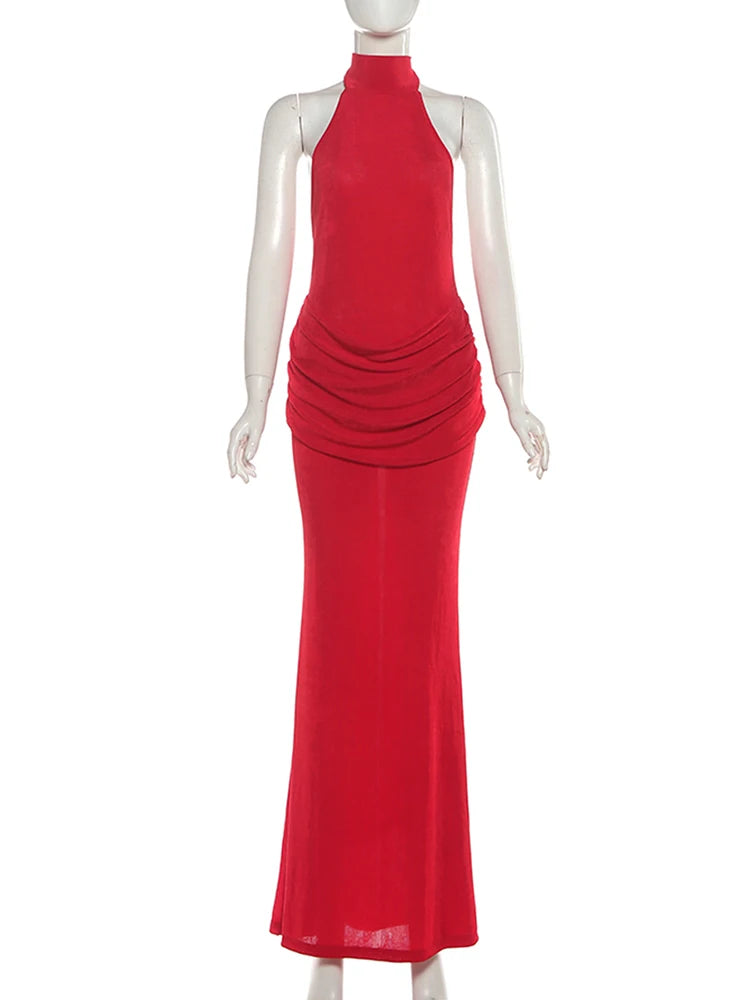 Velvet Collar Maxi Dress with Open Back and Pleats - Ciara