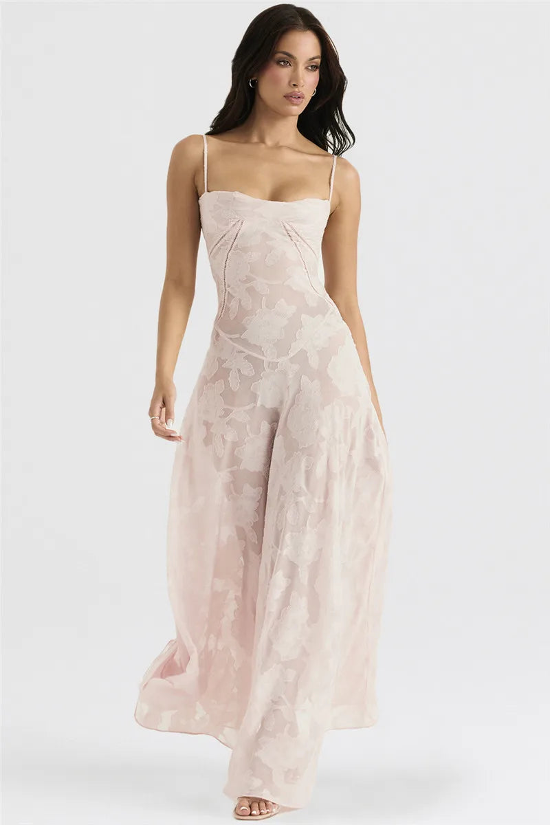 Maxi Dress with Floral Embroidery, Back Tie for Waist Fit - Millie