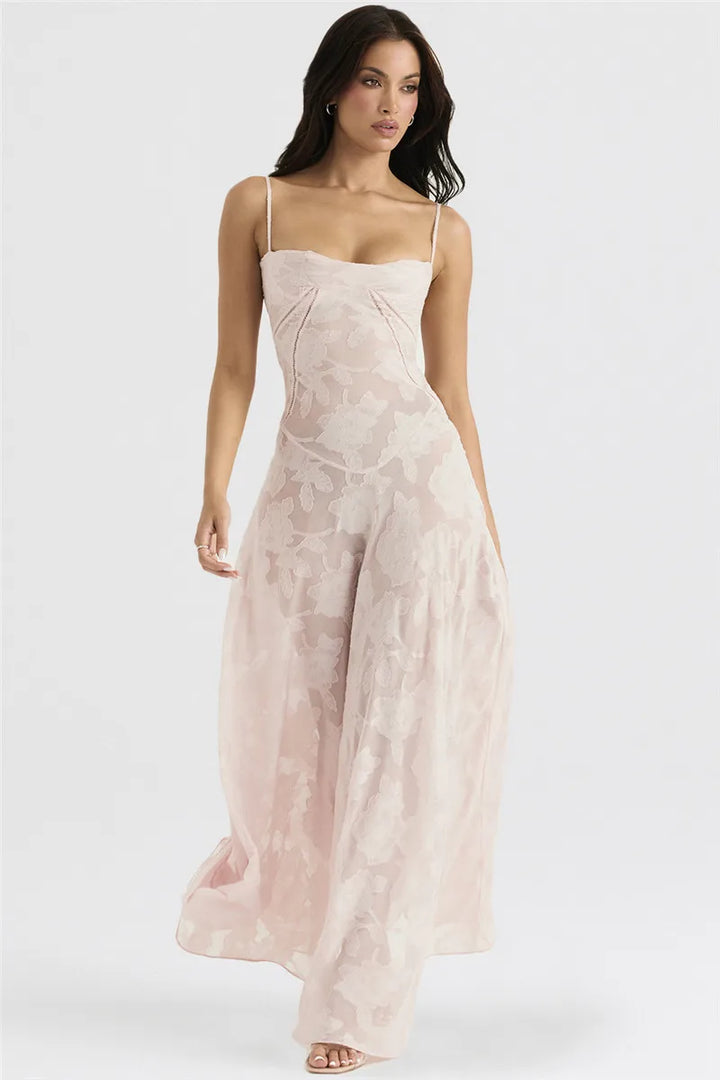 Maxi Dress with Floral Embroidery, Back Tie for Waist Fit - Millie