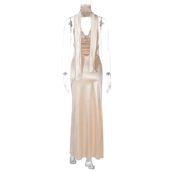 Open Back Satin Maxi Dress with Slit and Matching Scarf Decoration - Felicia