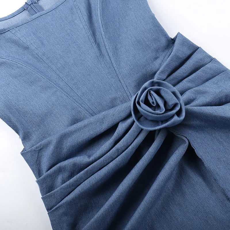 Denim mini dress with corset design and flower detail - Priel