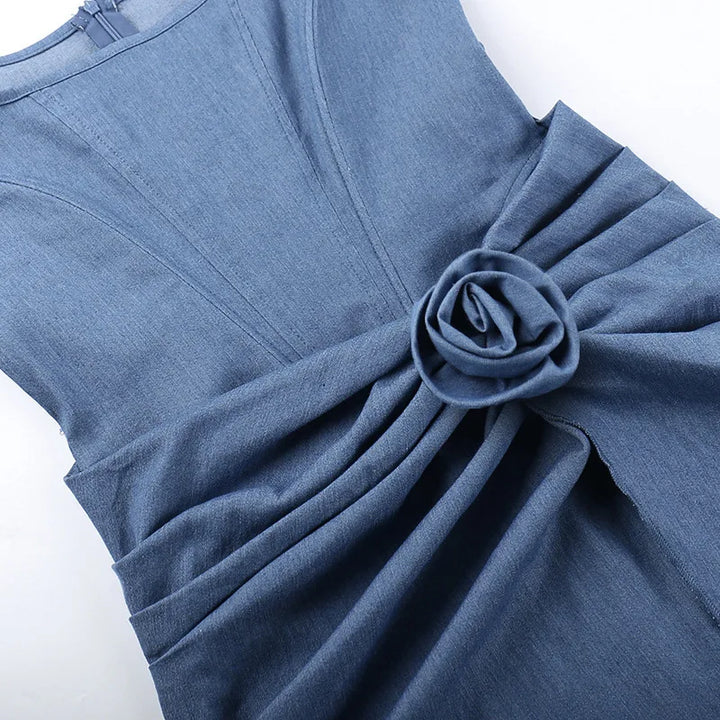 Denim mini dress with corset design and flower detail - Priel