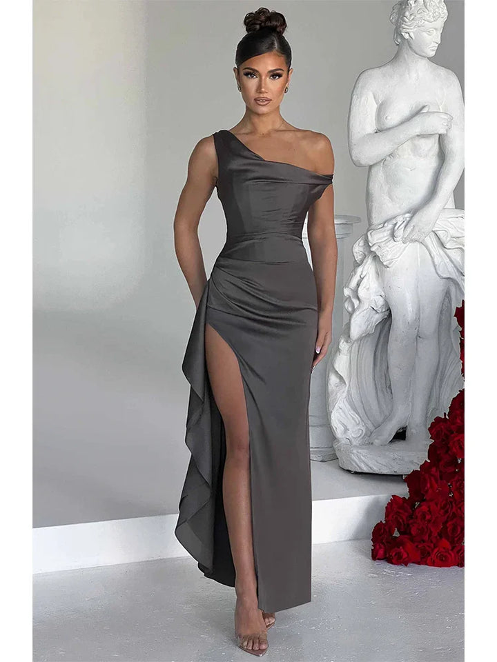 Satin Maxi Dress with Slit and One Shoulder Design - Emiliana