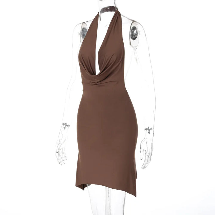 Mini Dress with Deep Draped Neckline and Asymmetric Design - Coral