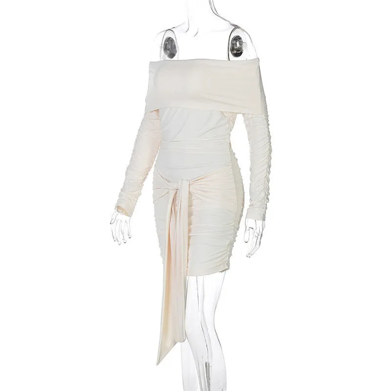 Mini dress with ruching, off-shoulder, and tie decoration - Alice