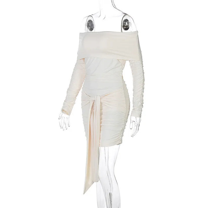 Mini dress with ruching, off-shoulder, and tie decoration - Alice