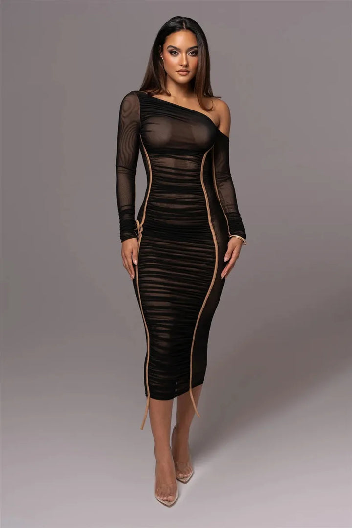 Midi ruched dress with asymmetrical neckline - LOV