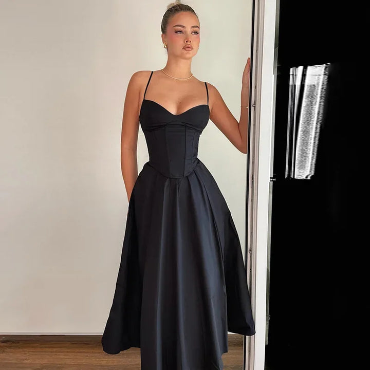 Elegant A-Line Midi Dress with Spaghetti Straps - Lunar