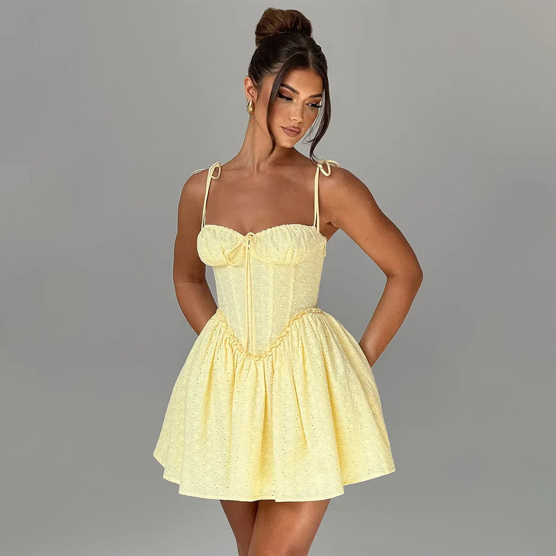 A-Line Mini Dress with Embroidery and Tie Straps - GAYA