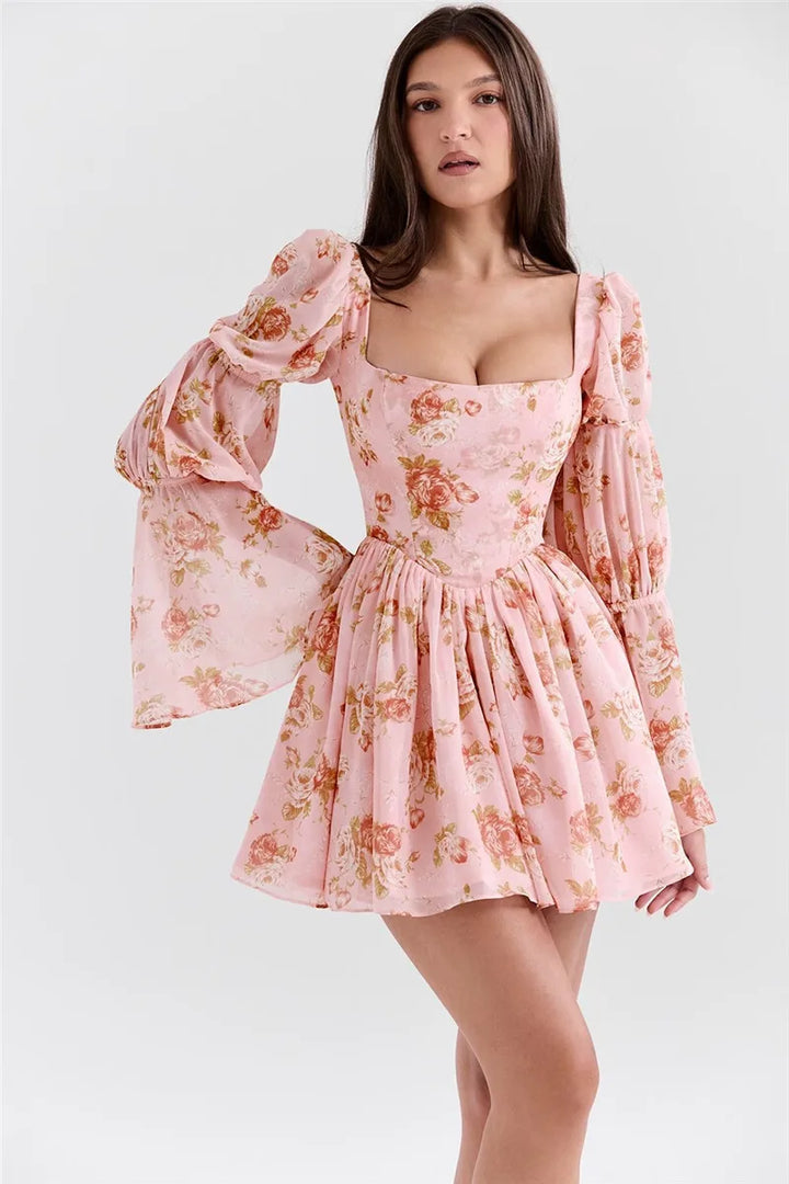 Floral Chiffon Mini Dress with A-Line Cut and Bell Sleeves - Florencia