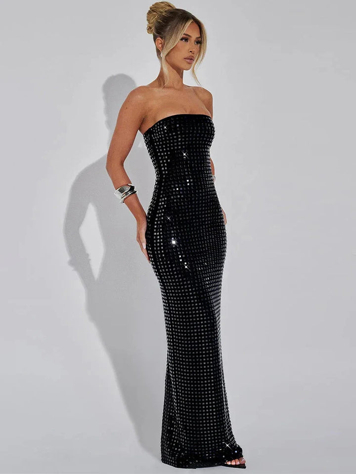 Maxi Strapless Dress with Sparkling Square Pattern - Melanie