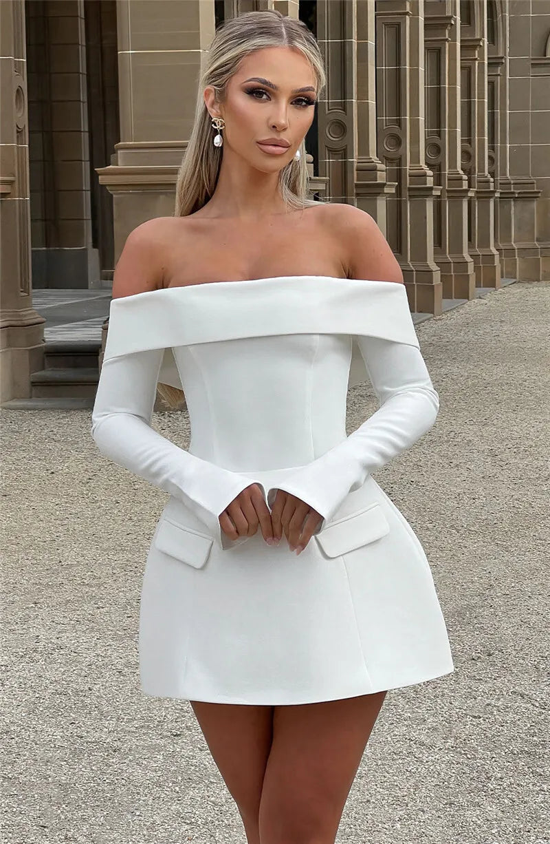 A-line off-shoulder mini dress with faux pocket design - Macy