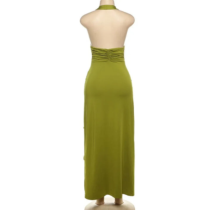 Maxi Dress with Ruffle and Flower Decoration and Open Back - Maxine