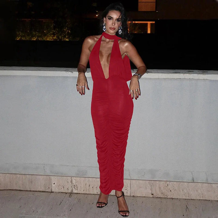 Maxi Dress with Collar, Ruching, Fitted V-Neck, Open Back - Jimena