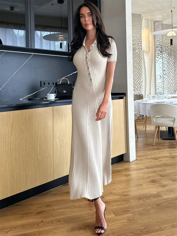 Knitted Maxi Dress with Elegant Design and Button Decoration - Ivanna