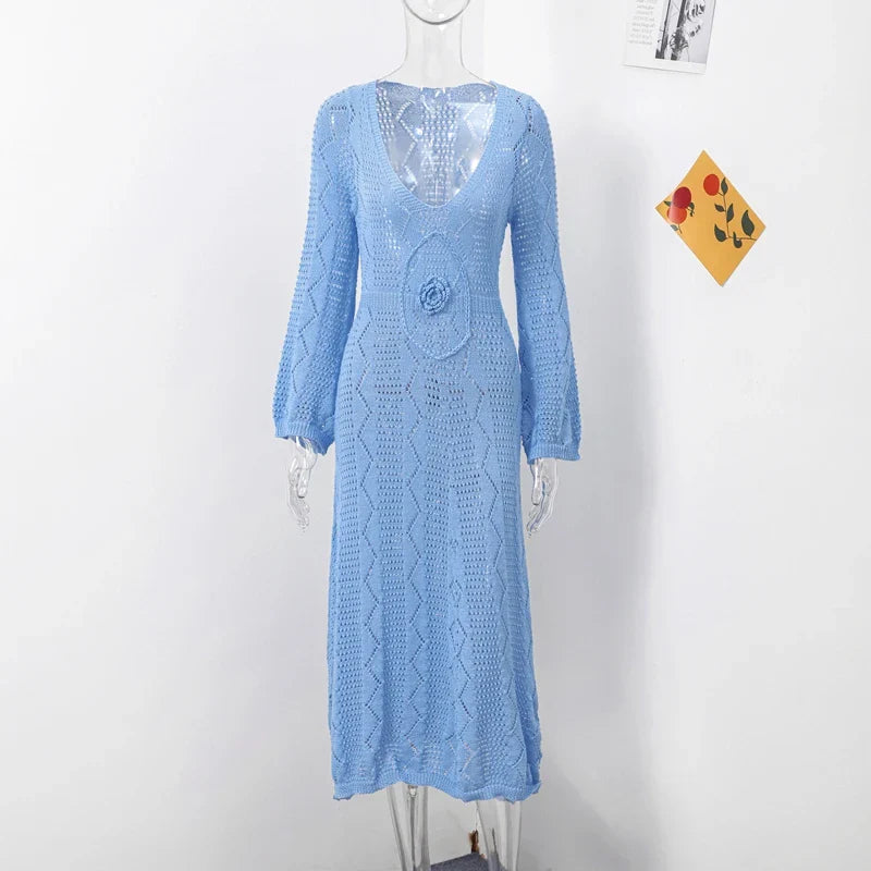 Knitted Maxi Beach Dress with Flower Decoration - Beatrice