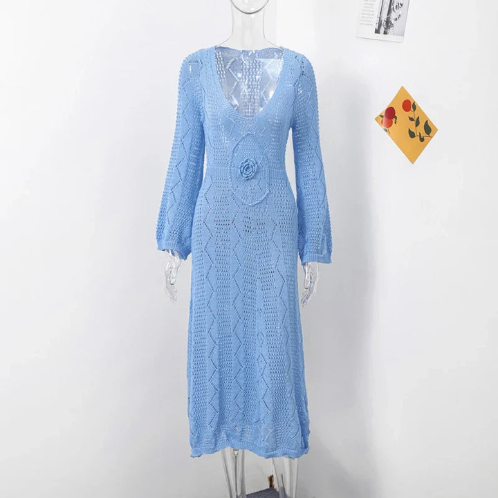Knitted Maxi Beach Dress with Flower Decoration - Beatrice